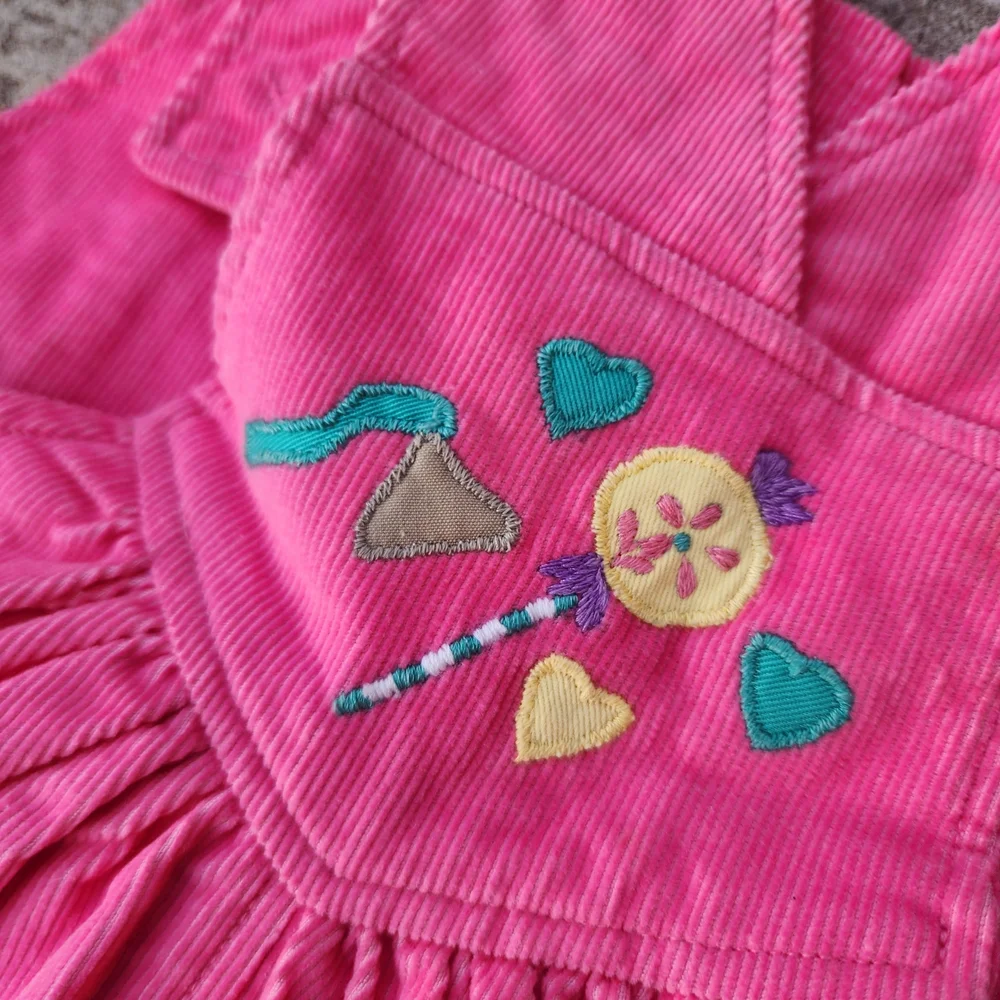 Vintage Joyeux Gamins Happy Kids Pink Corduroy Candy Embroided Dress,‎ Sz 6